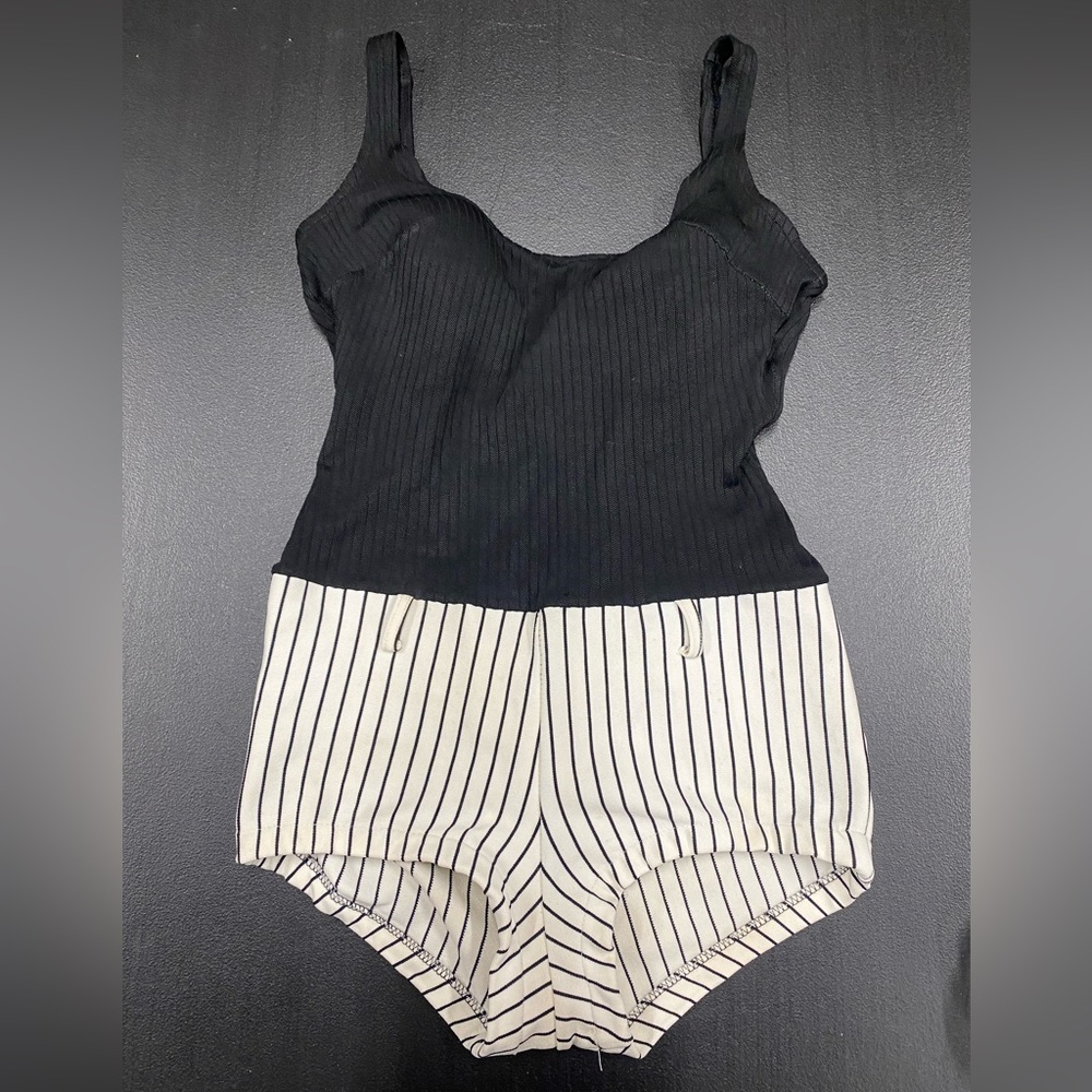 VINTAGE 30S ONE PIECE SWIMSUIT BLACK STRIPES GINGHAM ROCKABILLY PINUP RARE
